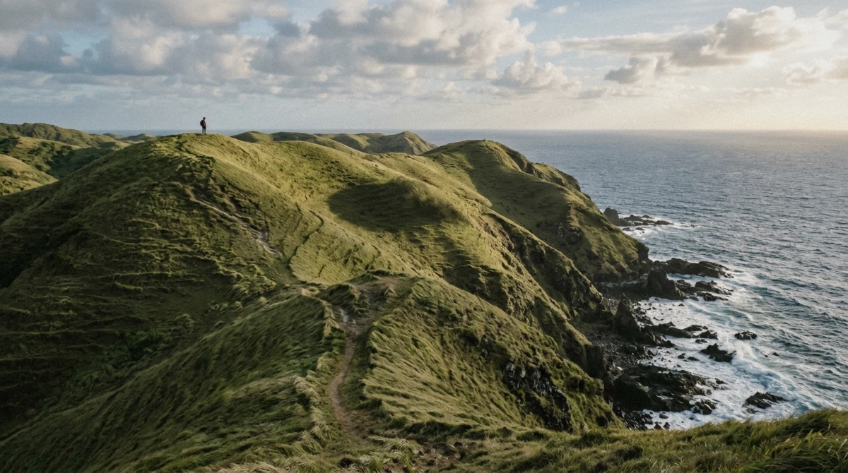 Vayang Rolling Hills falling to the sea near Basco, the signature landscape of North Batan on Batanes tour packages, Philippines